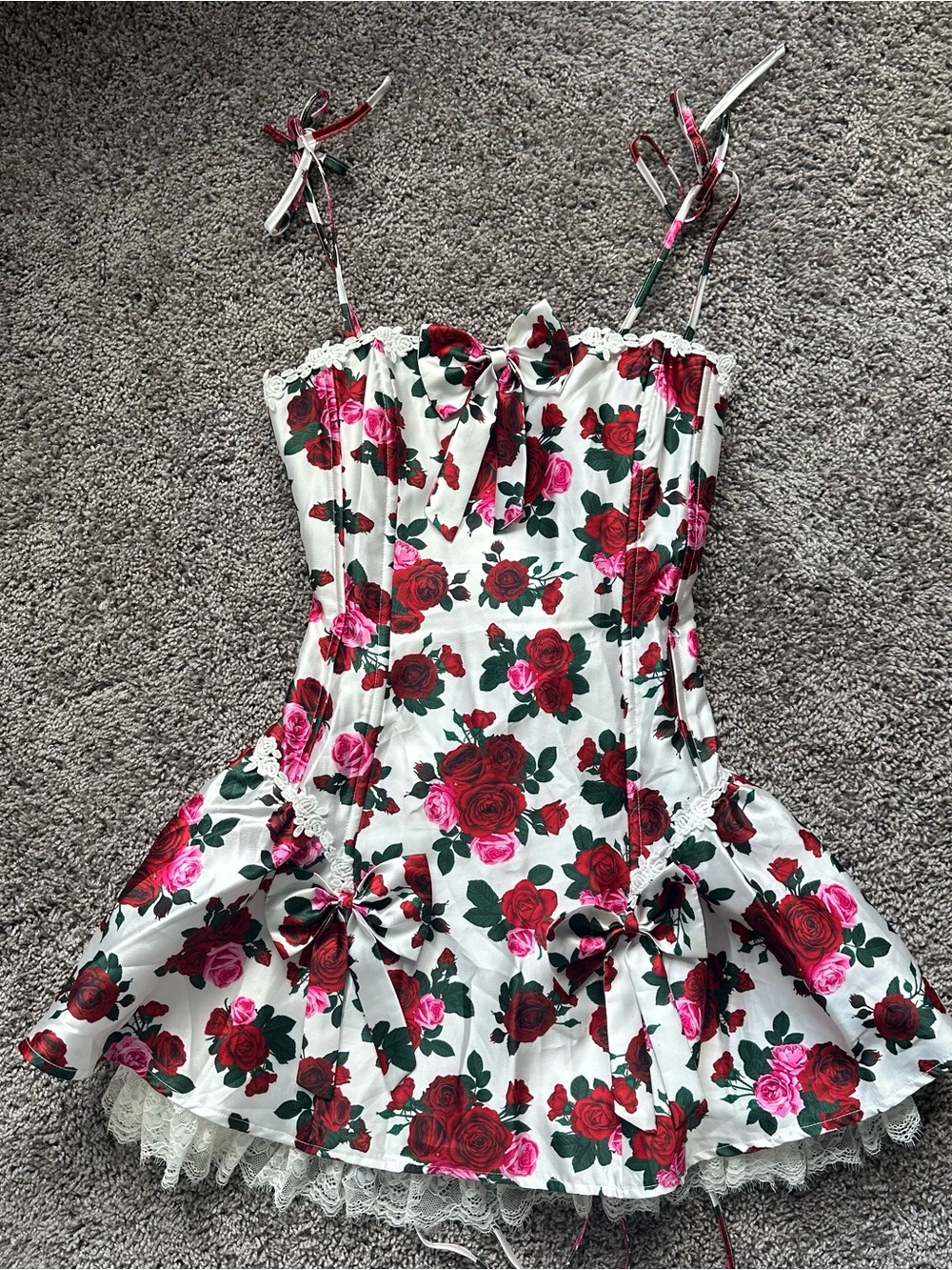 Sugar Thrillz White Floral Rose Mini Dress with Red & Pink Roses